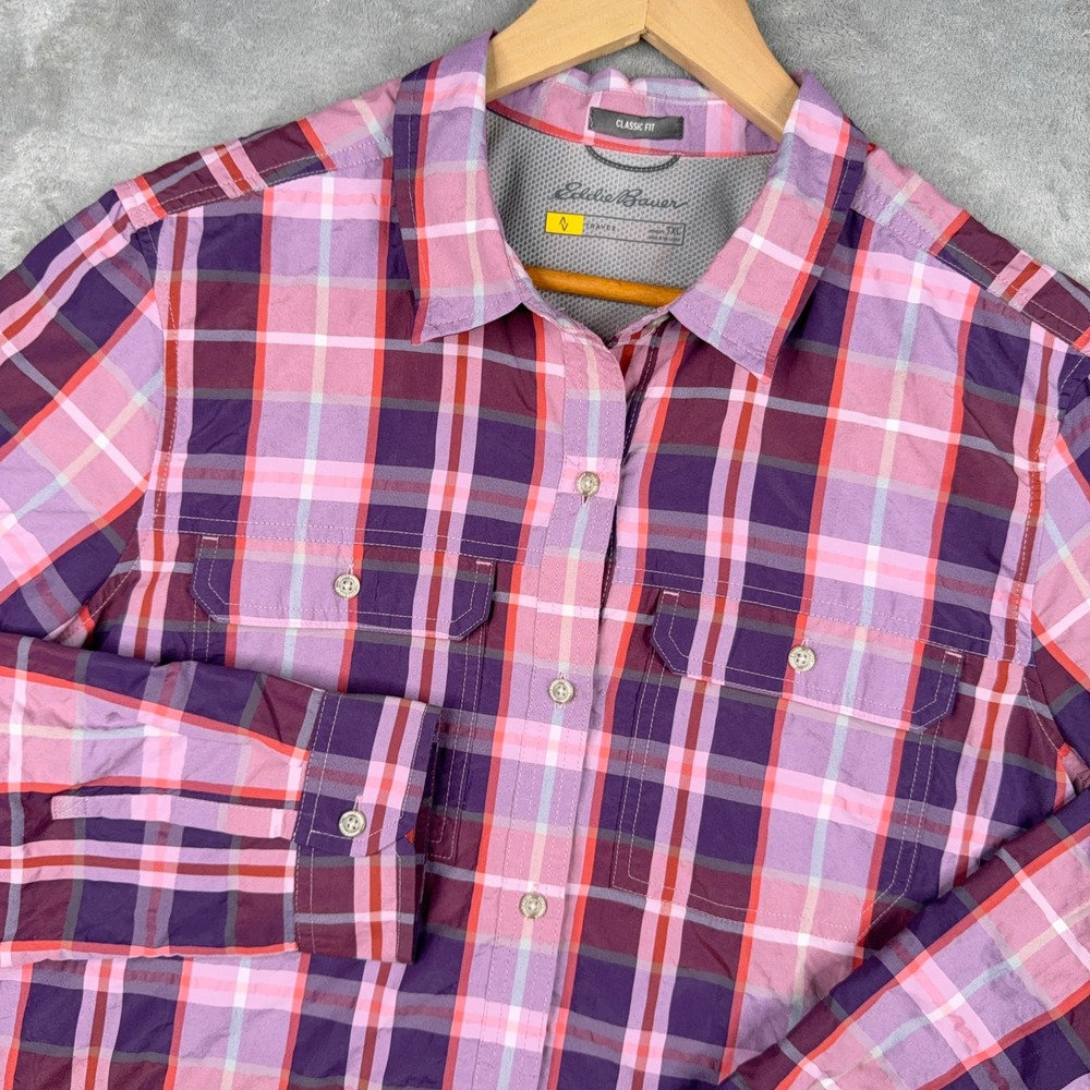 Eddie Bauer Travex Classic Fit Plaid Roll Sleeve Hiking Fishing Shirt Womens TXL
